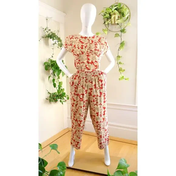 Vintage 1980s Pants Suit 80s CAROLE LITTLE Floral Art Deco Orange Blouse Top Set